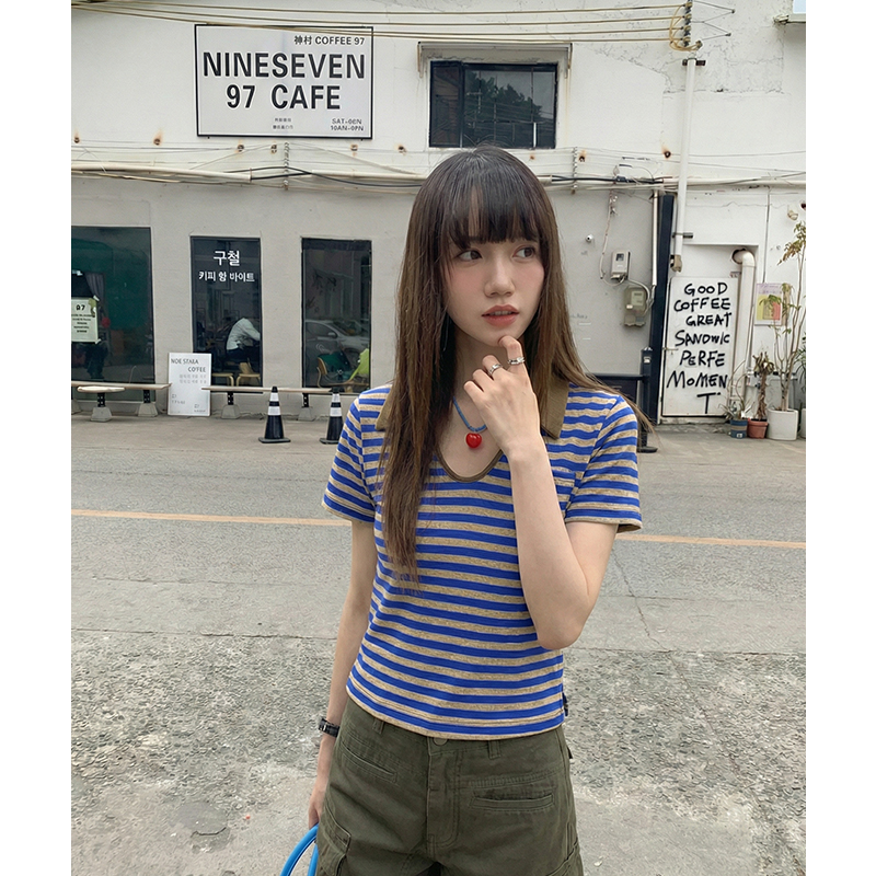 實拍實價#v領短袖t恤女春季別致設計感辣妹短款條紋上衣女polo衫