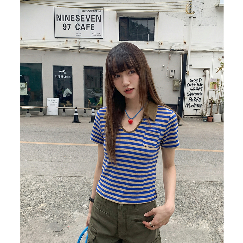 實拍實價#v領短袖t恤女春季別致設計感辣妹短款條紋上衣女polo衫