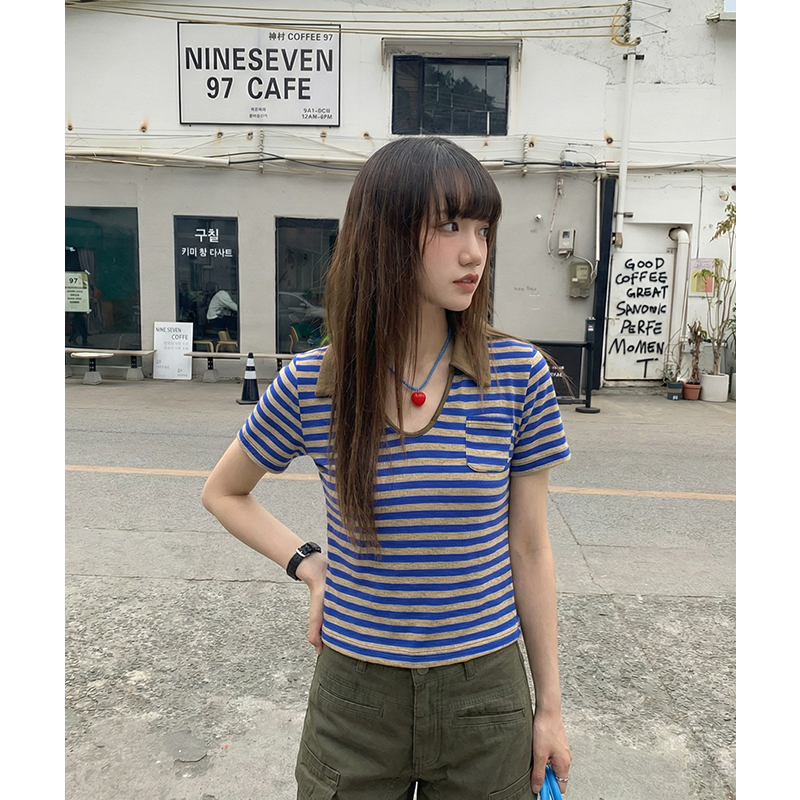 實拍實價#v領短袖t恤女春季別致設計感辣妹短款條紋上衣女polo衫