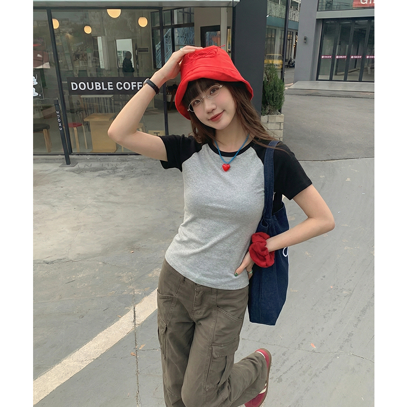 實拍實價#休閑百搭修身顯瘦短款拼色插肩袖圓領短袖棒球T恤 多色