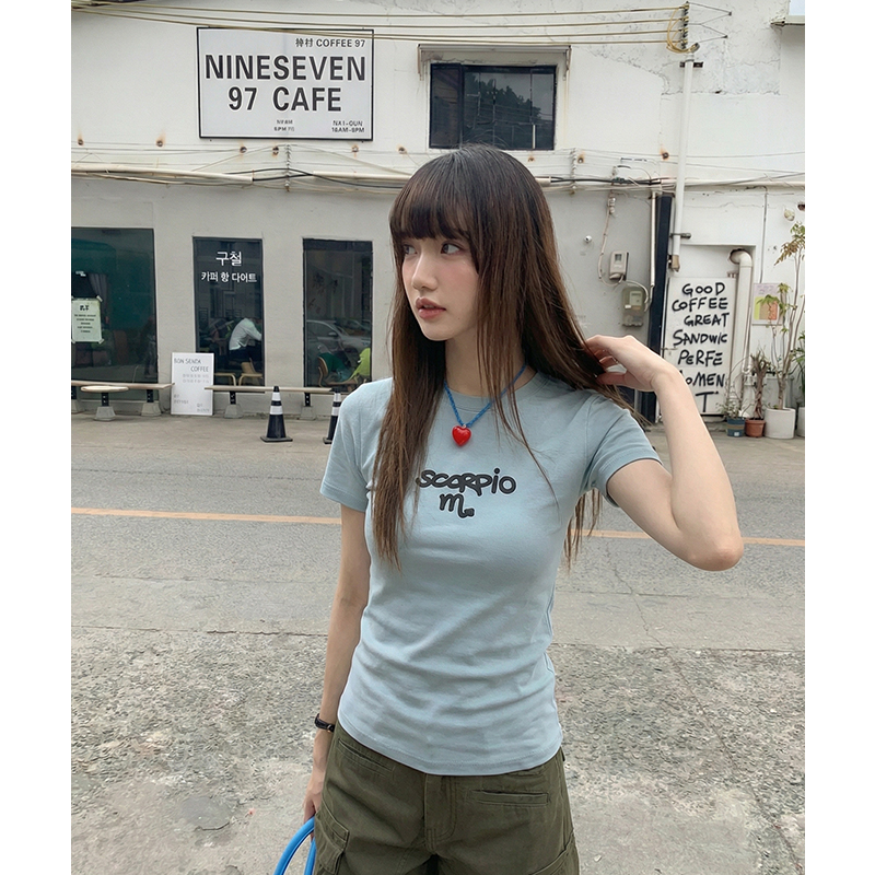 實拍實價#高腰緊身法式高級感上衣印花正肩t恤短袖女夏季半袖體恤
