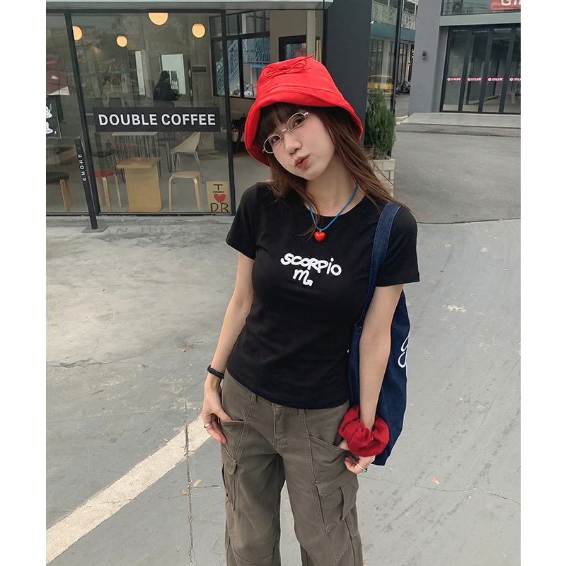實拍實價#高腰緊身法式高級感上衣印花正肩t恤短袖女夏季半袖體恤