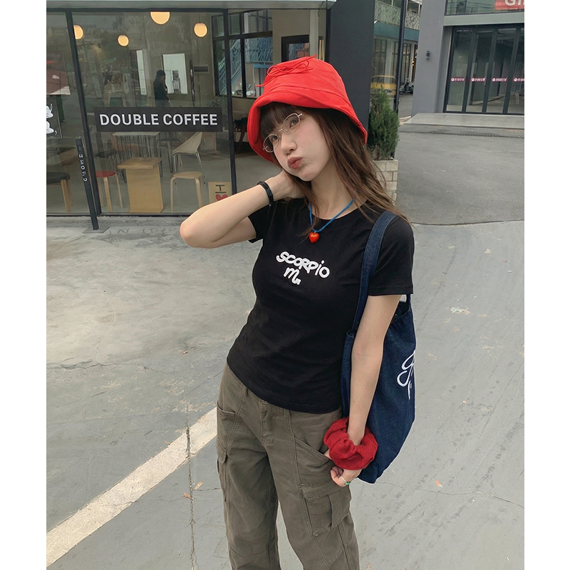 實拍實價#高腰緊身法式高級感上衣印花正肩t恤短袖女夏季半袖體恤