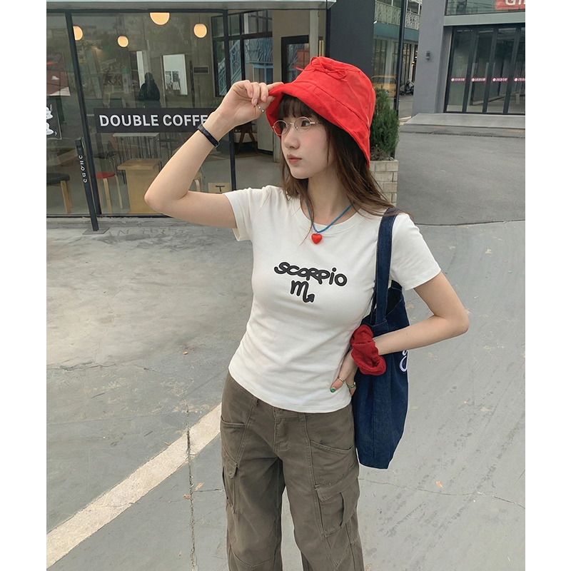 實拍實價#高腰緊身法式高級感上衣印花正肩t恤短袖女夏季半袖體恤