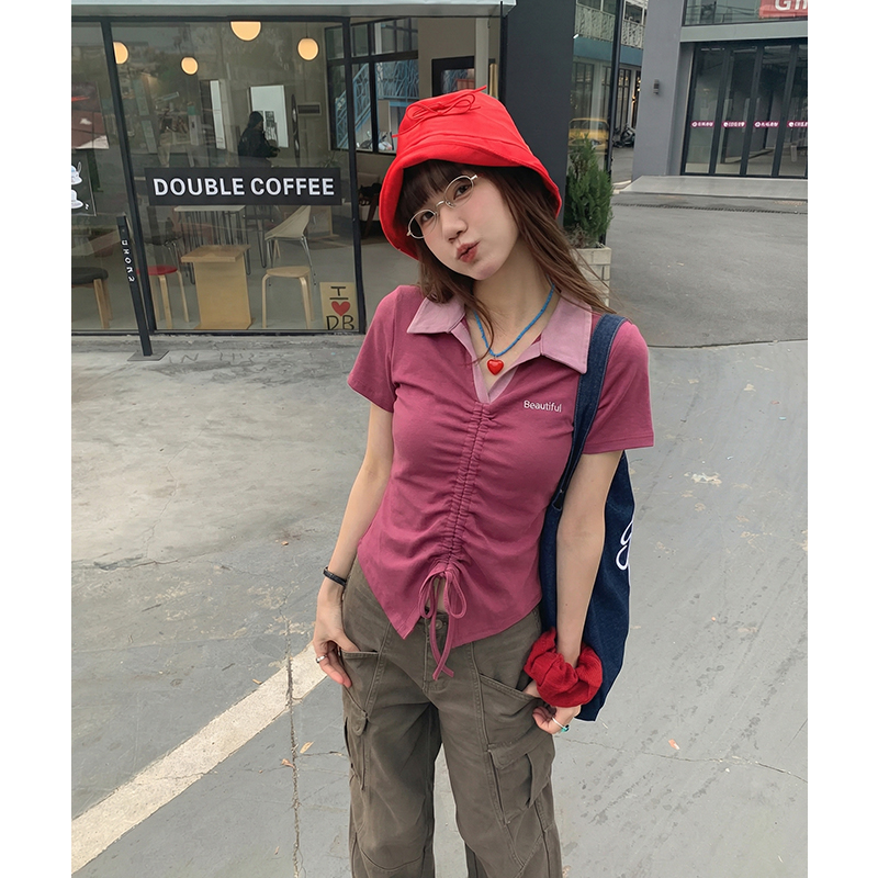 實拍實價#v領t恤女短袖夏季短款洋氣開叉抽繩設計感辣妹上衣