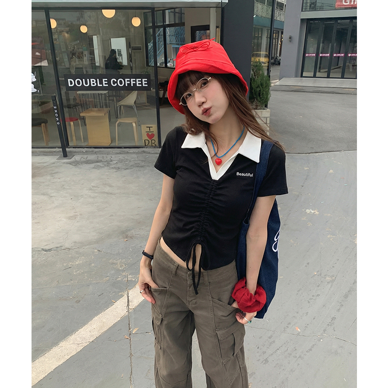 實拍實價#v領t恤女短袖夏季短款洋氣開叉抽繩設計感辣妹上衣
