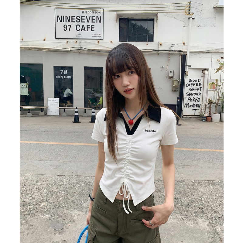 實拍實價#v領t恤女短袖夏季短款洋氣開叉抽繩設計感辣妹上衣