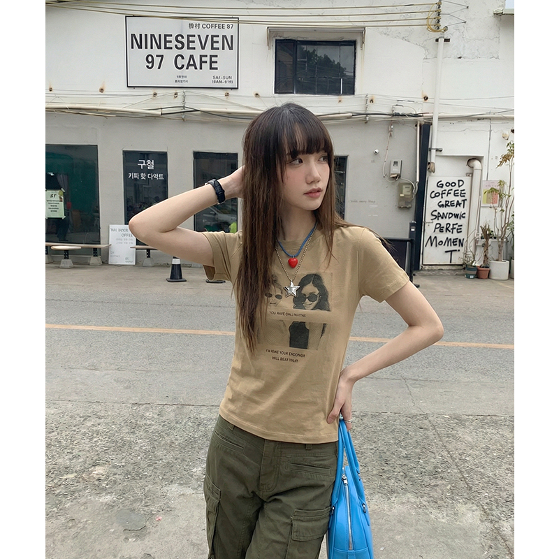 實拍實價#美式復古短袖t恤女夏修身顯瘦新款印花短款上衣打底衫女