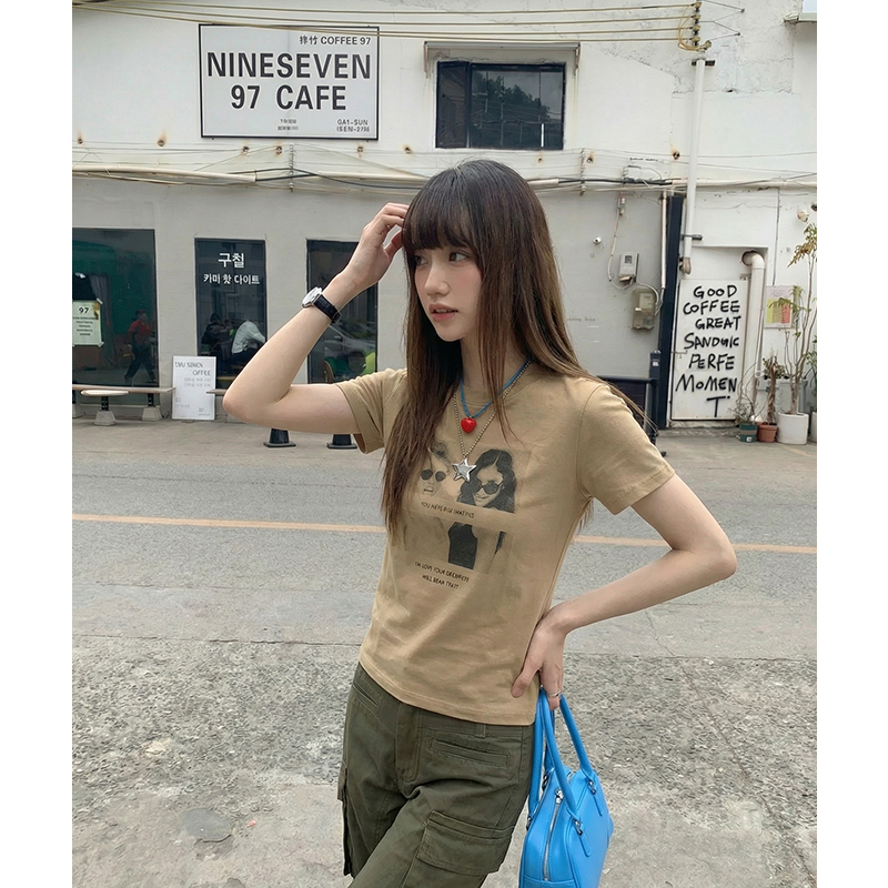 實拍實價#美式復古短袖t恤女夏修身顯瘦新款印花短款上衣打底衫女