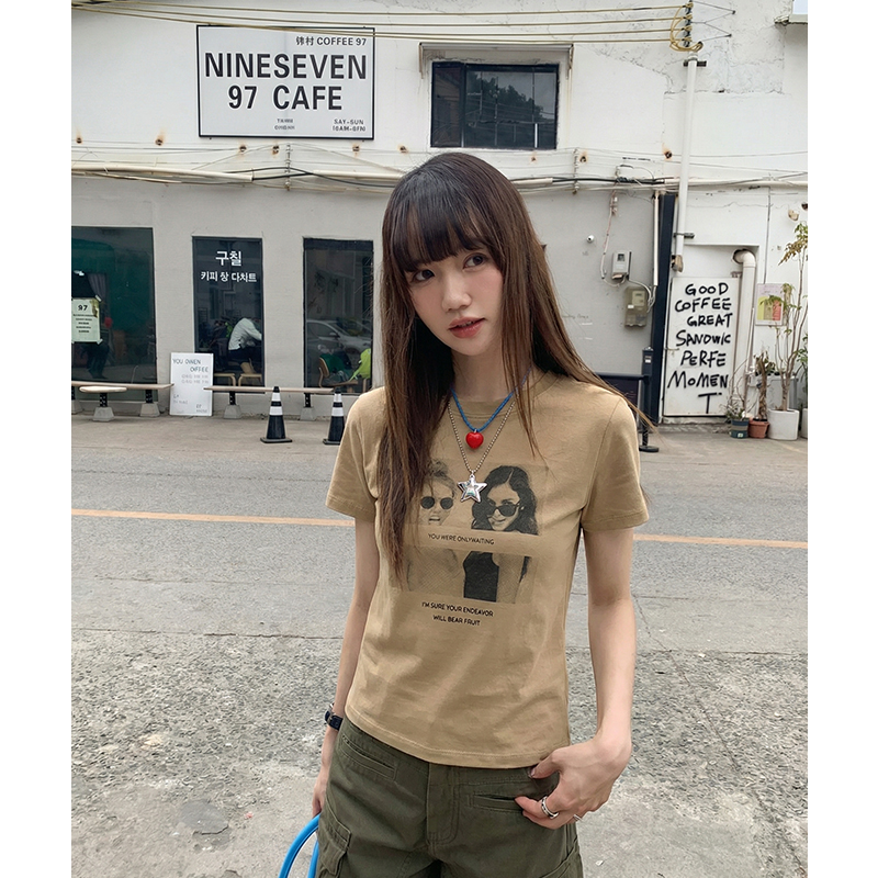 實拍實價#美式復古短袖t恤女夏修身顯瘦新款印花短款上衣打底衫女