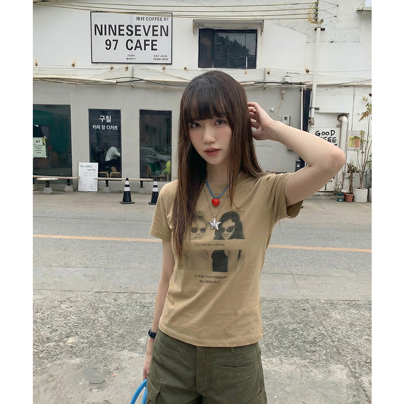 實拍實價#美式復古短袖t恤女夏修身顯瘦新款印花短款上衣打底衫女