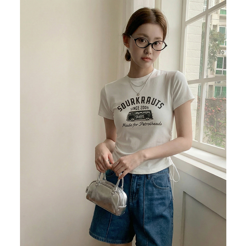 實拍實價#t恤女歐洲站夏裝2026新款印花收腰小衫別致上衣女潮