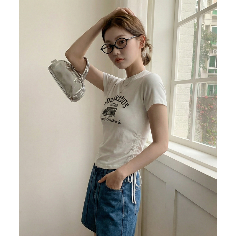 實拍實價#t恤女歐洲站夏裝2026新款印花收腰小衫別致上衣女潮
