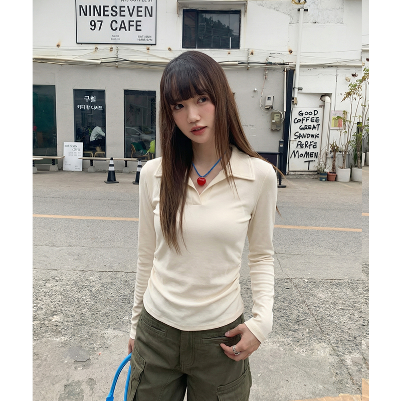 實拍實價#白色polo衫女t恤女2026新款修身收腰早春季上衣長袖秋
