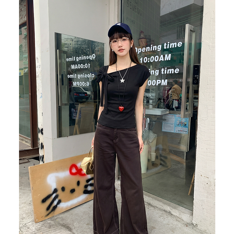 實拍實價#正肩短袖t恤女2026春季新款小眾蝴蝶結露肩斜肩短款上衣