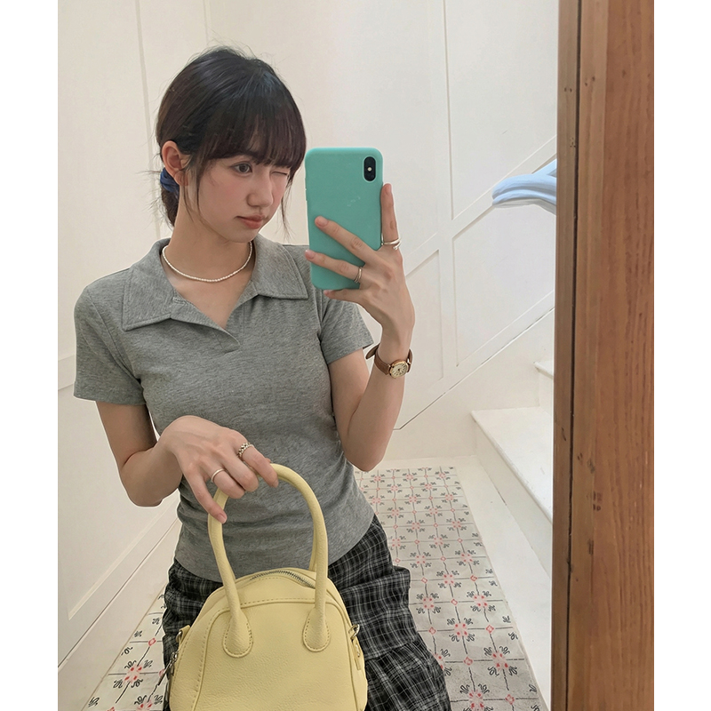 實拍實價#白色polo領正肩短袖t恤女春季2026新款韓系褶皺收腰顯瘦