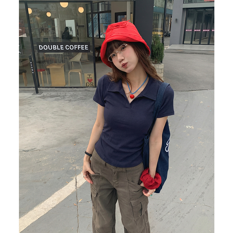 實拍實價#白色polo領正肩短袖t恤女春季2026新款韓系褶皺收腰顯瘦