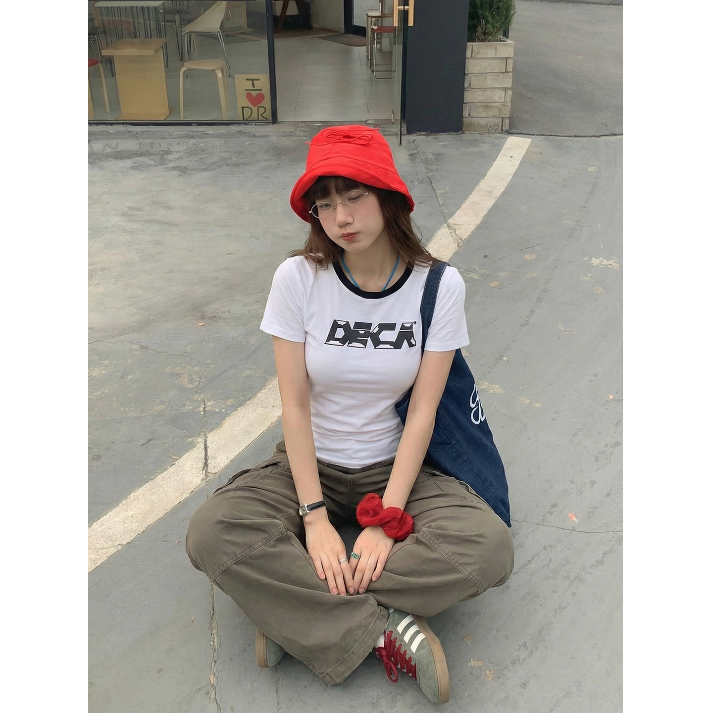 實拍實價美式復古正肩t恤女短袖ins潮墊肩夏季印花撞色短款上衣