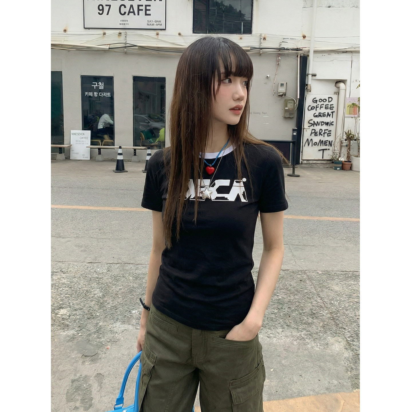 實拍實價美式復古正肩t恤女短袖ins潮墊肩夏季印花撞色短款上衣