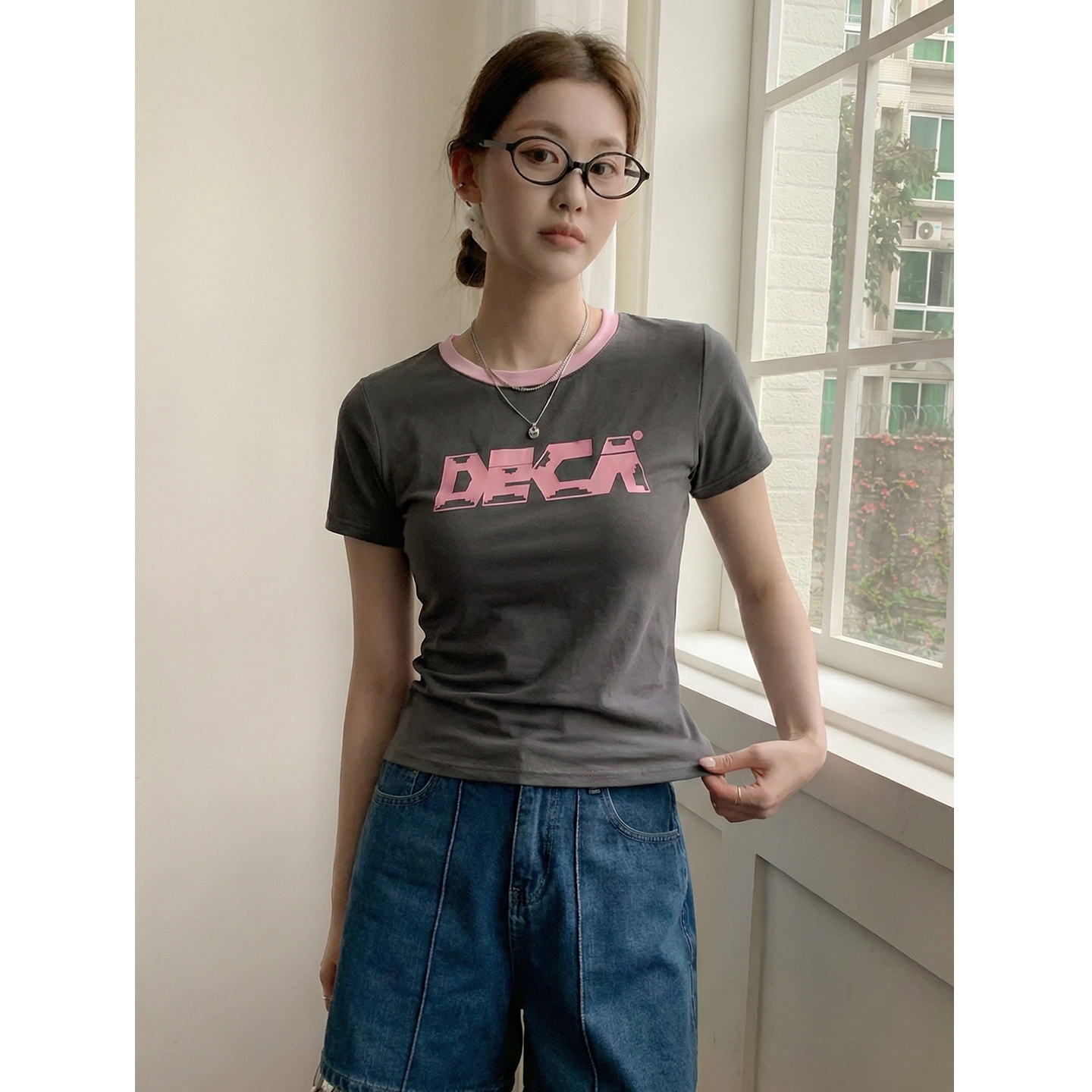 實拍實價美式復古正肩t恤女短袖ins潮墊肩夏季印花撞色短款上衣