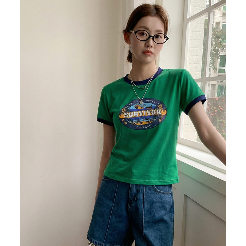 實拍實價#t恤女2026夏新款純棉撞色印花設計感小眾美式短袖