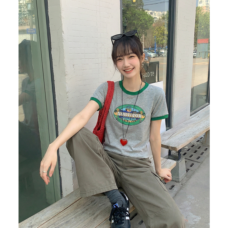 實拍實價#t恤女2026夏新款純棉撞色印花設計感小眾美式短袖