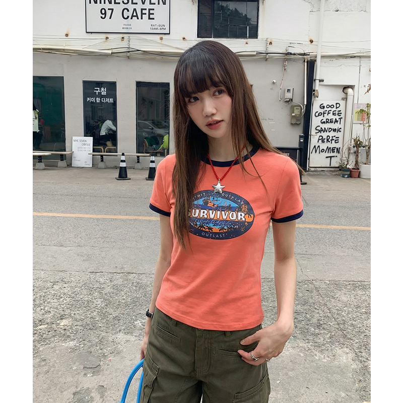 實拍實價#t恤女2026夏新款純棉撞色印花設計感小眾美式短袖