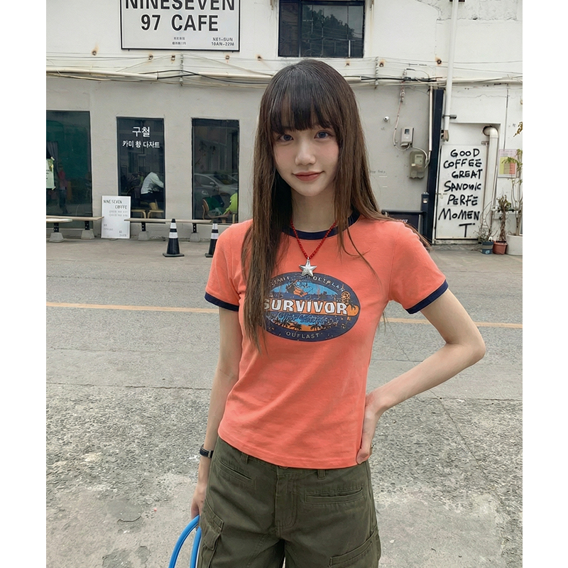 實拍實價#t恤女2026夏新款純棉撞色印花設計感小眾美式短袖