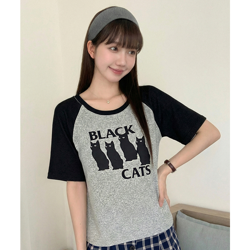 實拍#歐貨螺紋短袖t恤女夏ins潮新款洋氣撞色拼接印花上衣