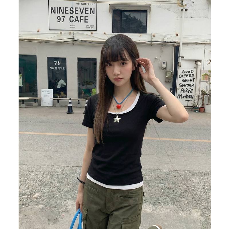實拍實價#撞色方領短袖t恤女百搭夏季顯瘦小38眾創意設計感不規則