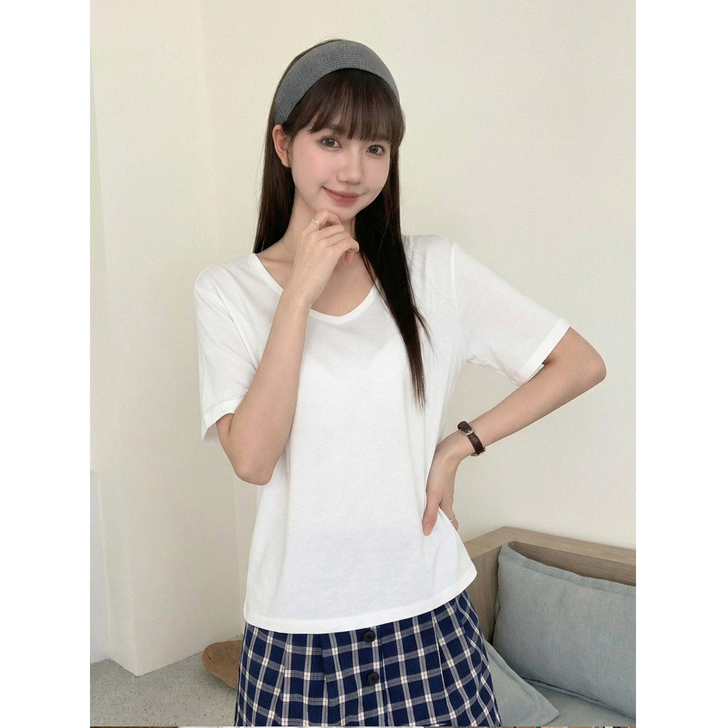 實拍實價#白色v領正肩短袖t恤女2026新款夏設計感小眾體恤衫寬松