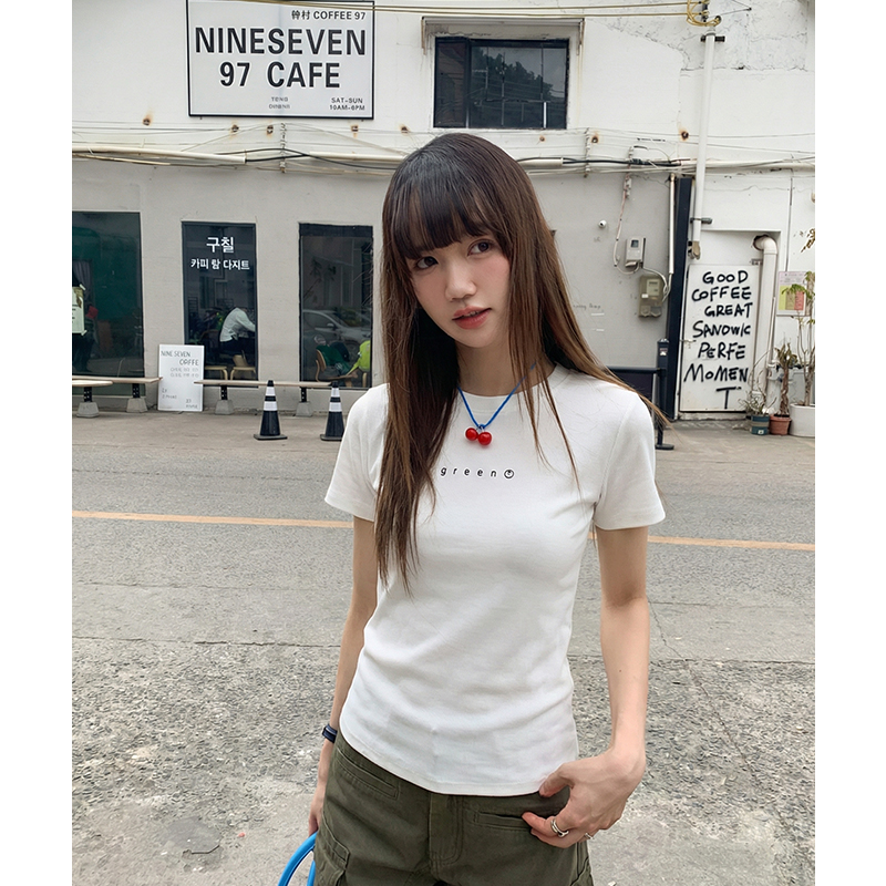 實拍實價#螺紋短袖t恤女夏季新款洋氣印花短款上衣百搭半袖體恤