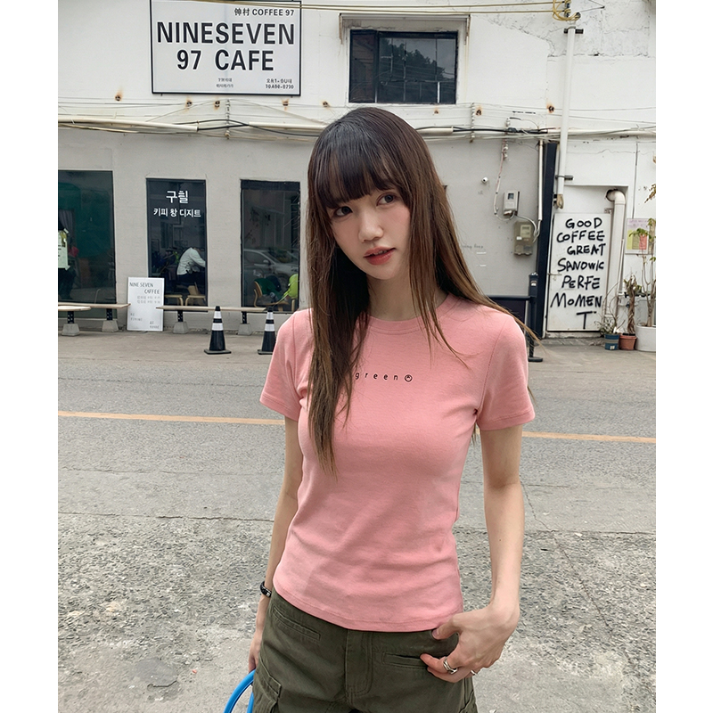 實拍實價#螺紋短袖t恤女夏季新款洋氣印花短款上衣百搭半袖體恤