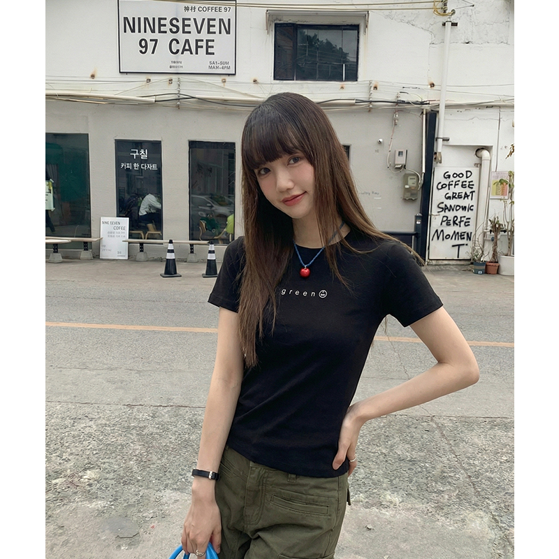 實拍實價#螺紋短袖t恤女夏季新款洋氣印花短款上衣百搭半袖體恤