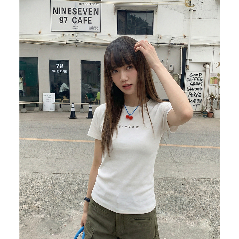實拍實價#螺紋短袖t恤女夏季新款洋氣印花短款上衣百搭半袖體恤