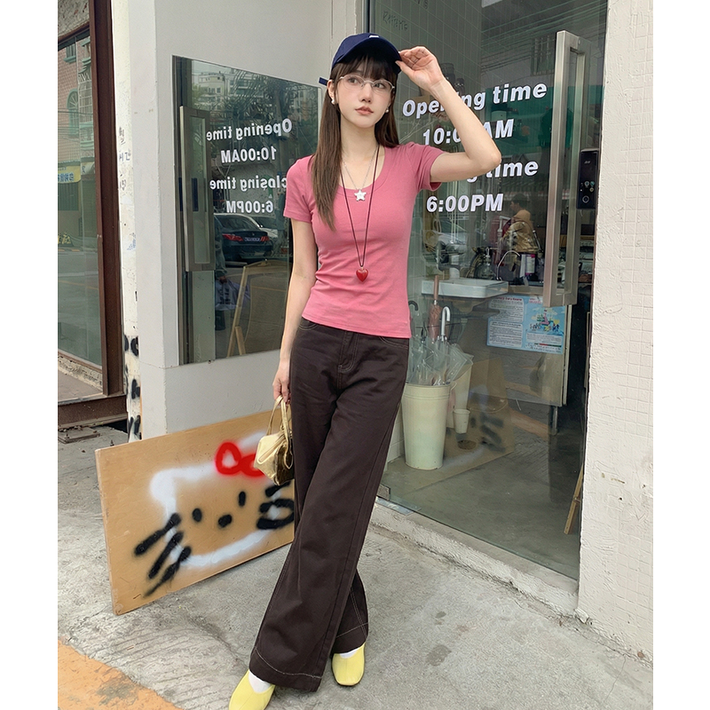 實拍實價#螺紋短袖t恤女修身夏2026新款洋氣純欲露鎖骨上衣