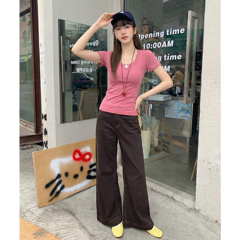 實拍實價#螺紋短袖t恤女修身夏2026新款洋氣純欲露鎖骨上衣