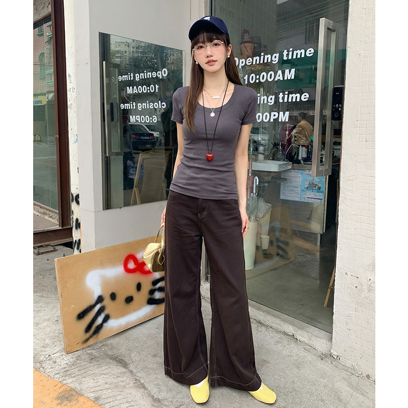實拍實價#螺紋短袖t恤女修身夏2026新款洋氣純欲露鎖骨上衣