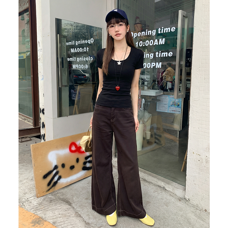實拍實價#螺紋短袖t恤女修身夏2026新款洋氣純欲露鎖骨上衣