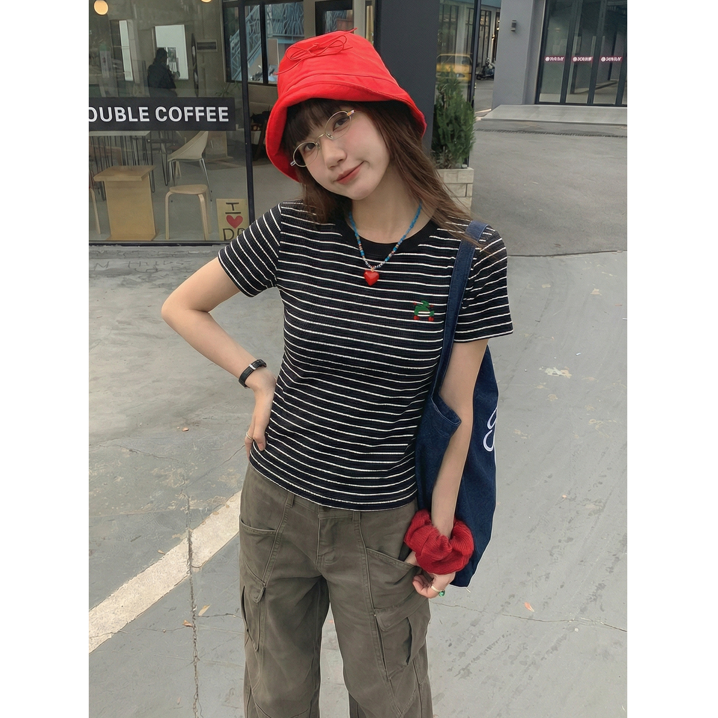 實拍實價#華夫格刺繡短袖t恤女夏季韓版寬松時尚條紋半袖上衣女