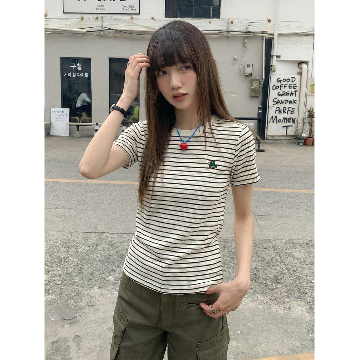實拍實價#華夫格刺繡短袖t恤女夏季韓版寬松時尚條紋半袖上衣女