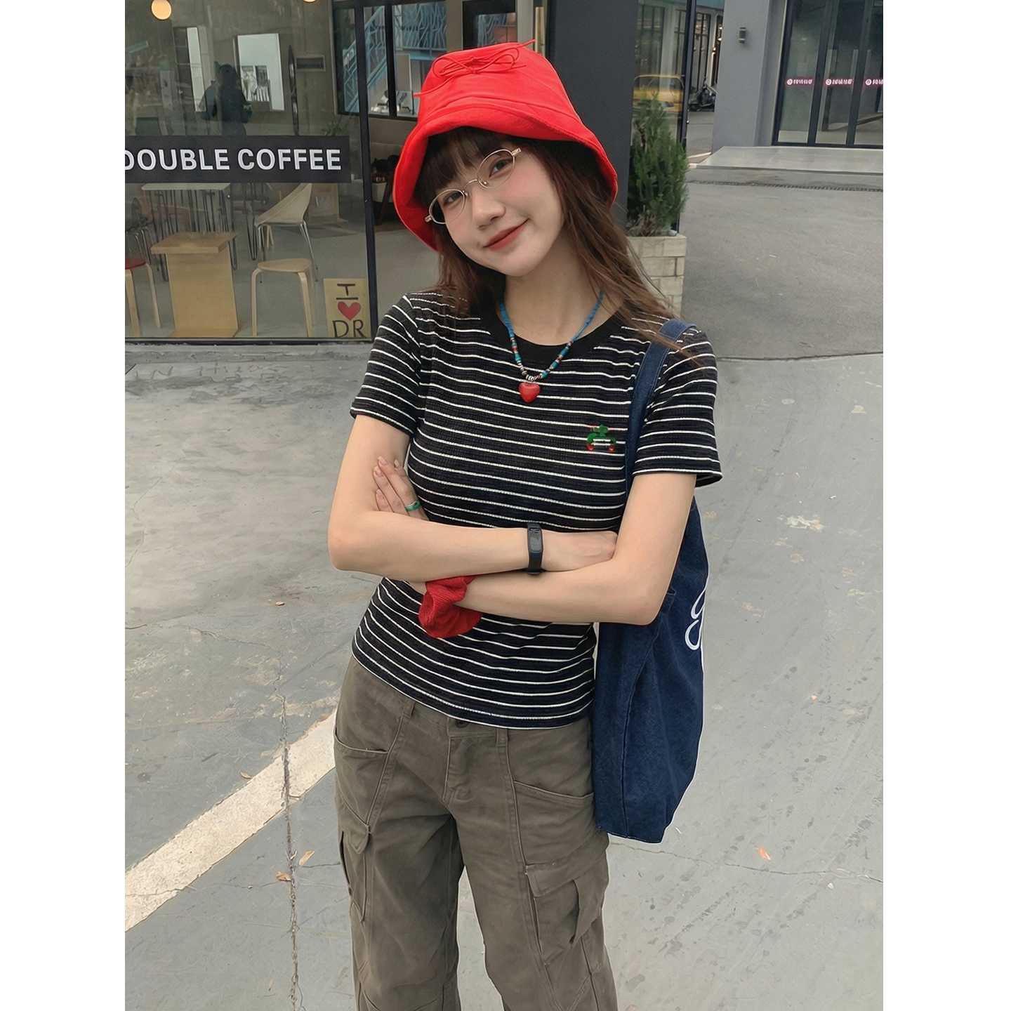 實拍實價#華夫格刺繡短袖t恤女夏季韓版寬松時尚條紋半袖上衣女
