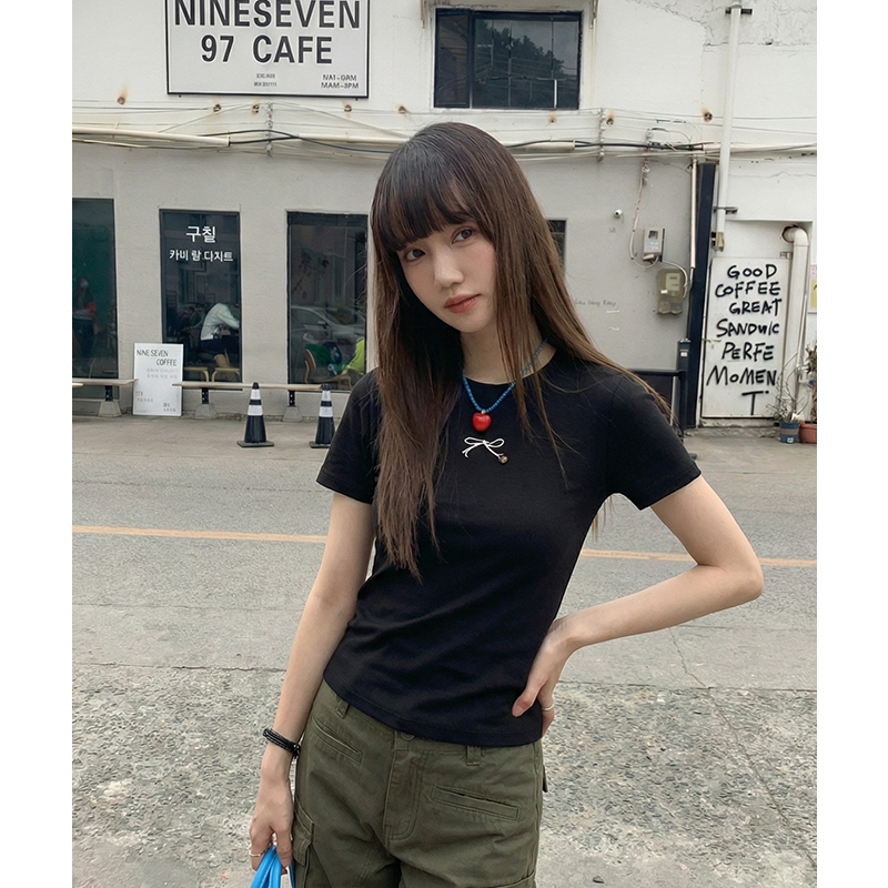 實拍實價#蝴蝶結正肩短袖t恤女2026夏季新款設計款百搭圓領上衣