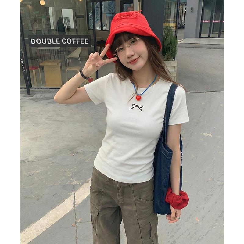 實拍實價#蝴蝶結正肩短袖t恤女2026夏季新款設計款百搭圓領上衣