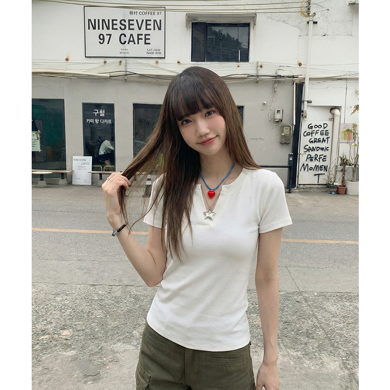 實價實拍#v領短袖t恤女夏2026歐貨灰色內搭打底衫修身顯瘦飛飛袖