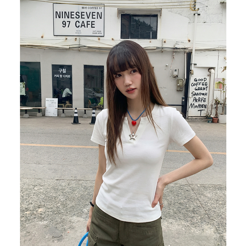 實價實拍#v領短袖t恤女夏2026歐貨灰色內搭打底衫修身顯瘦飛飛袖