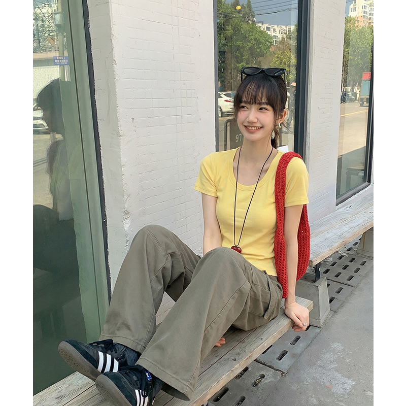 實拍實價u領正肩短袖t恤女2026夏季新款純色修身顯瘦短款上衣