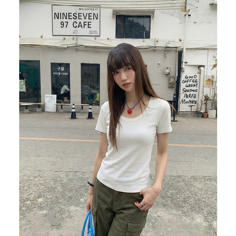 實拍實價u領正肩短袖t恤女2026夏季新款純色修身顯瘦短款上衣