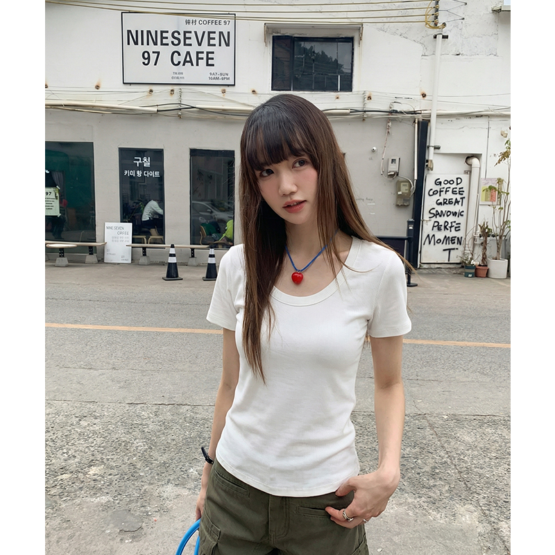 實拍實價u領正肩短袖t恤女2026夏季新款純色修身顯瘦短款上衣
