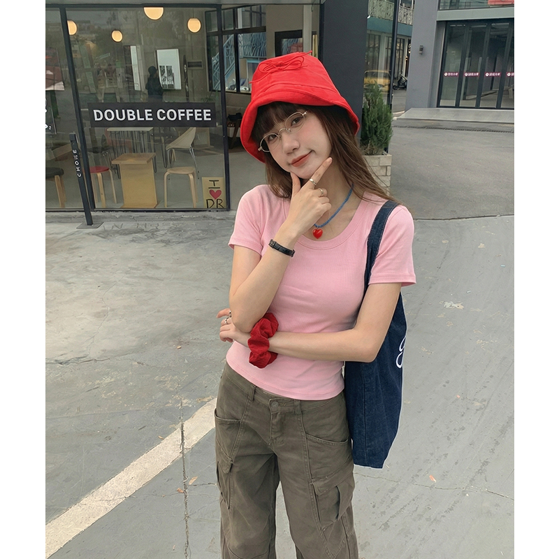 實拍實價u領正肩短袖t恤女2026夏季新款純色修身顯瘦短款上衣